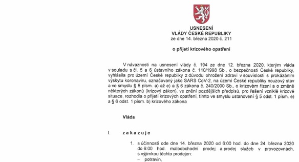 Vláda rozhodla o uzavření všech obchodů kromě prodejen potravin, lékáren, drogerií, čerpacích stanic a některých dalších