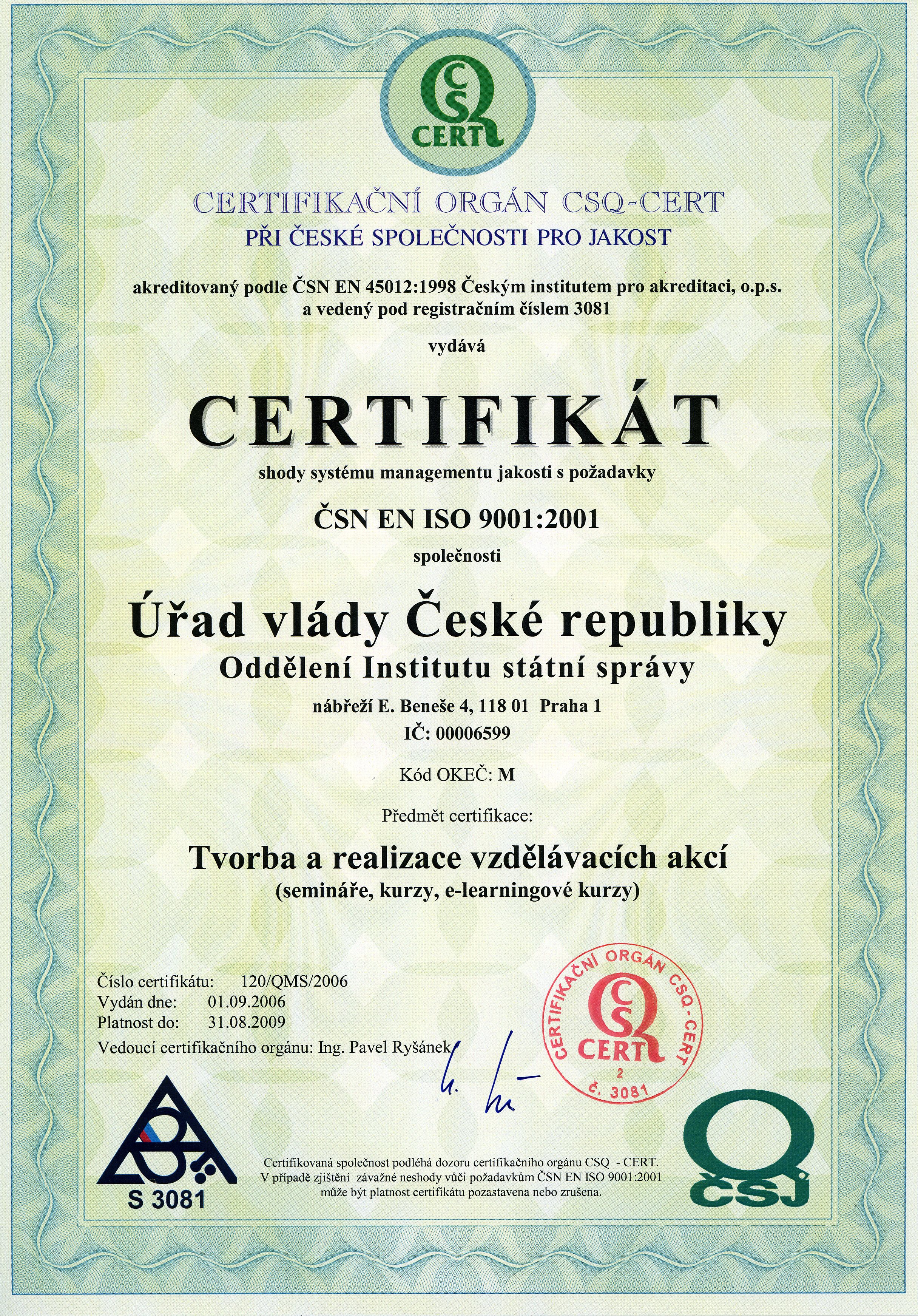 certifikát ČSN EN ISO 9001:2001