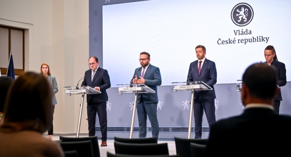 Ministři M. Výborný, M. Jurečka, V. Rakušan a I. Bartoš na tiskové konferenci po skončení schůze vlády, 28. srpna 2024.