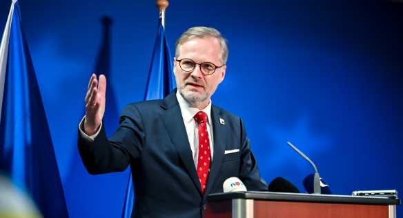 Prime Minister Petr Fiala at a press conference after the European Council meeting, 15 December 2023.